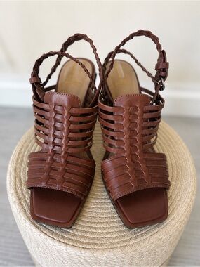 Sam Edelman Brown Woven Leather Sculptural Heel Sandals Size 9.5 Boho Artisan